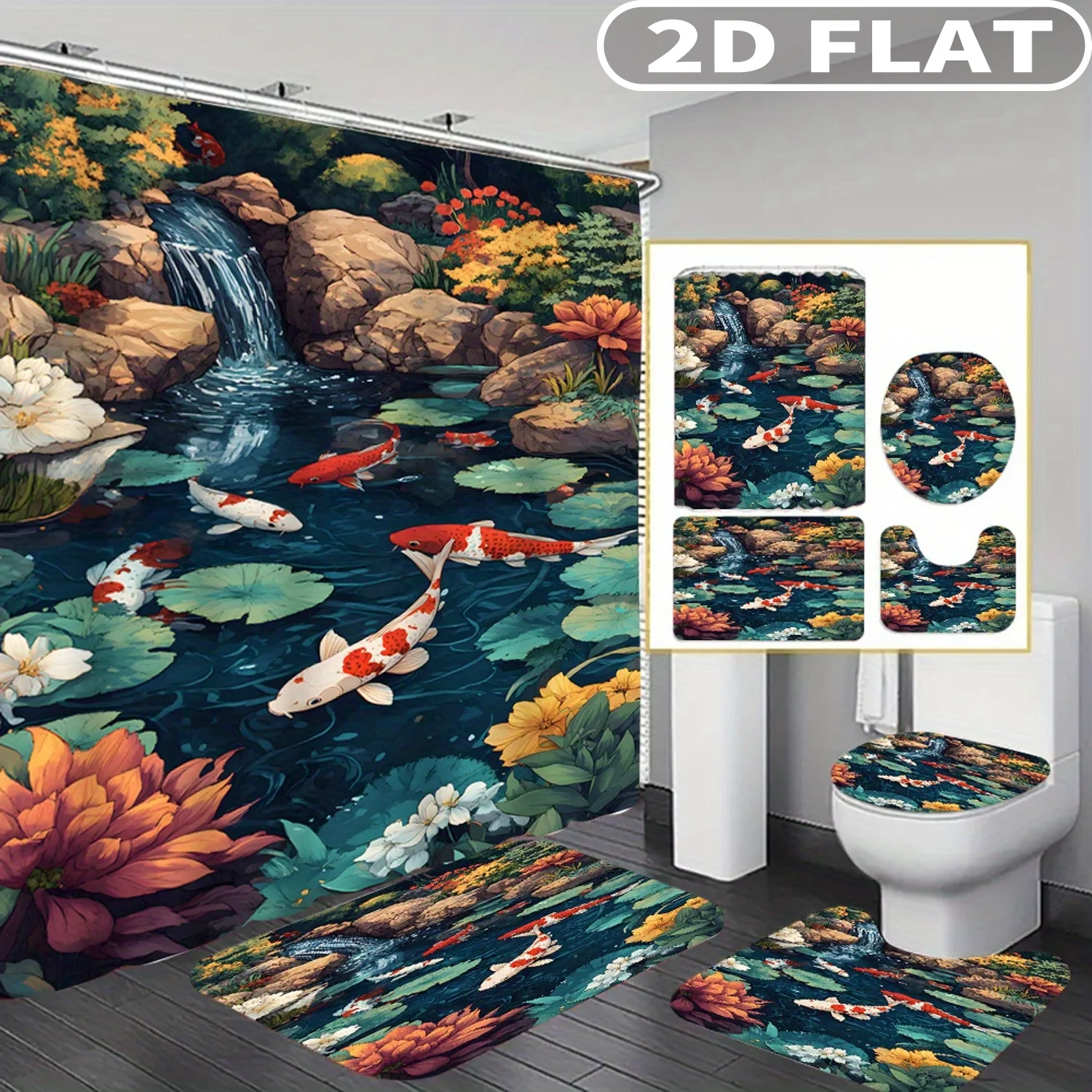 

1pc/ 4pcs 2D FLAT Koi Fish Pond Garden Pattern Shower Curtain Set, Accessories with Bath Mat, U-shaped Mat, Toilet Lid Cover, 1