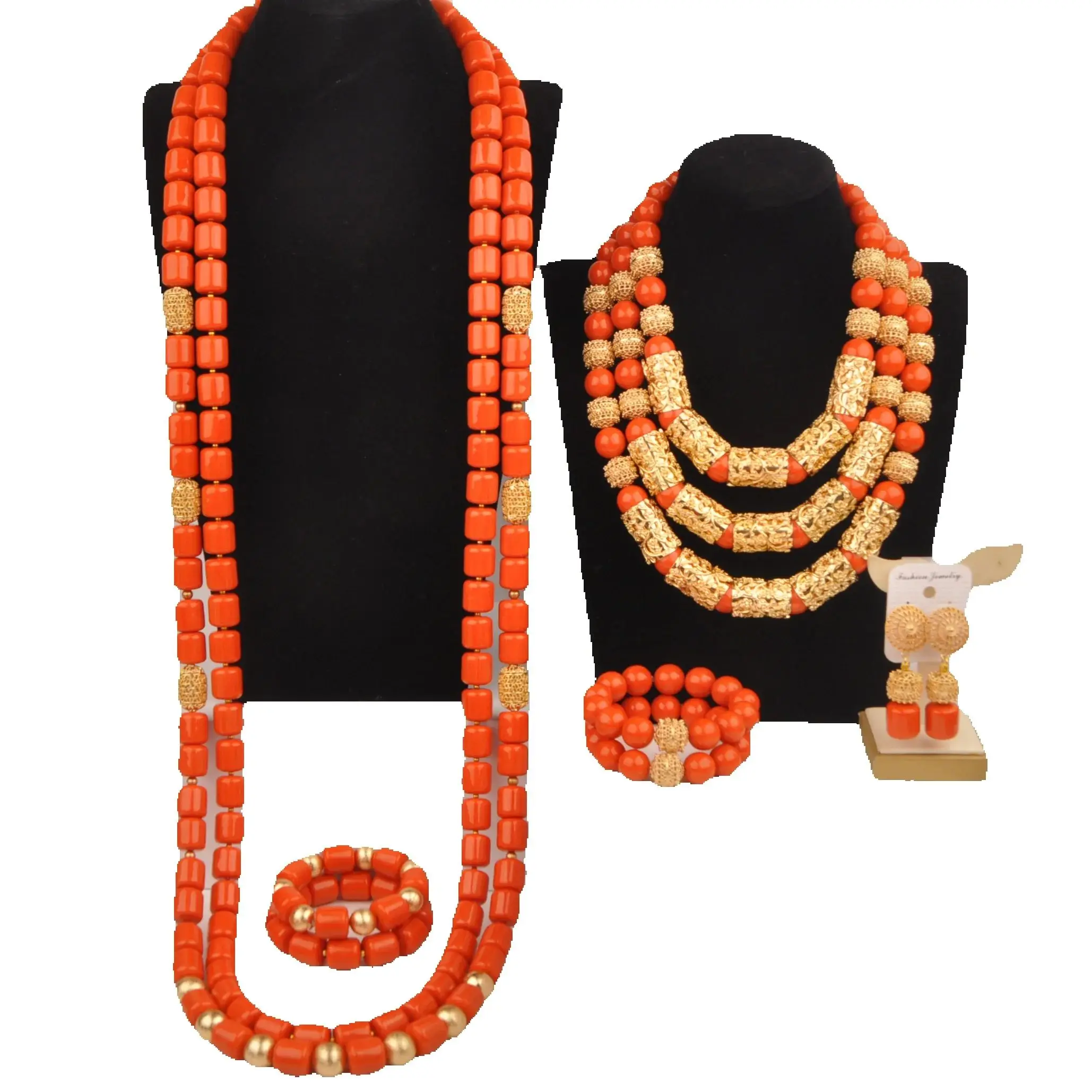 Orange Artificial Coral Bead Jewelry Sets, Nigerian Wedding Couple Jewelry