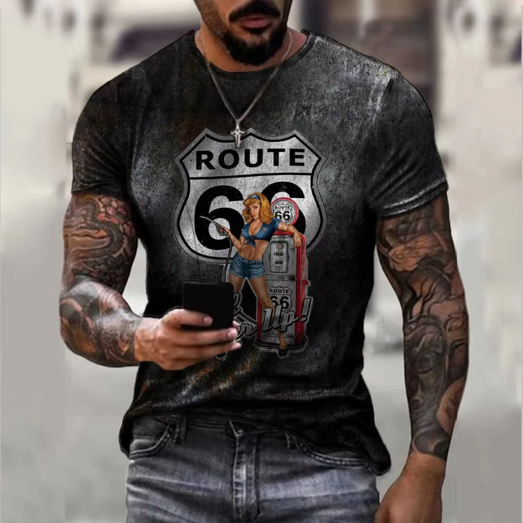 Newest Summer And Full Men's Clothing 3d Printed Men's Route 66 T-Shirt Top Men's Casual Loose Oversized Fashion Vintage T-Shirt