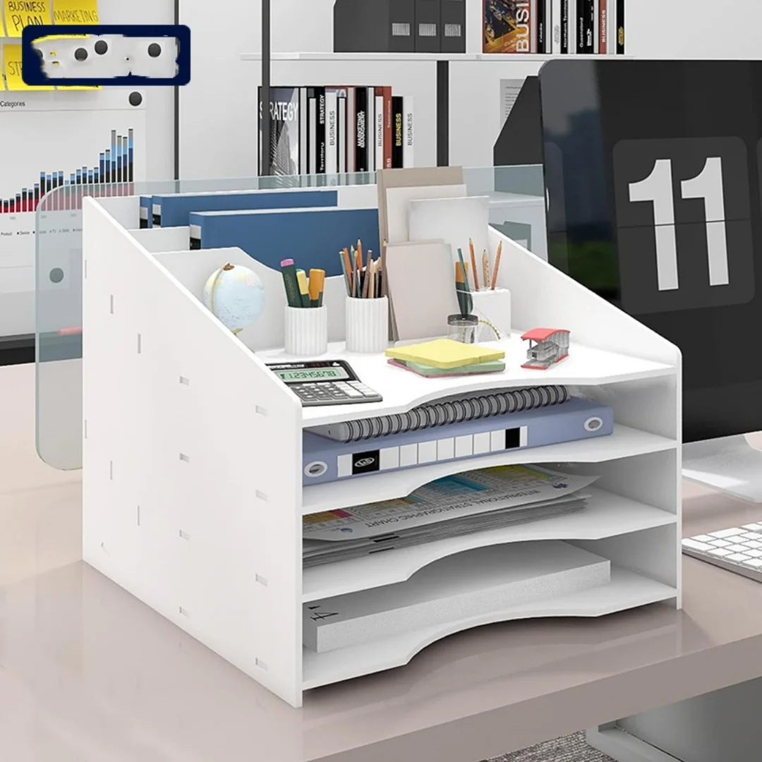 Desktop File Organizer, Multi-Layer A4 Paper Storage Rack, Office Desk File Rack with Pen Slot, White Waterproof Foam Board Desk Organizer, Suitable for Storing Office Supplies, Paper Folders, Notebooks, and Stationery