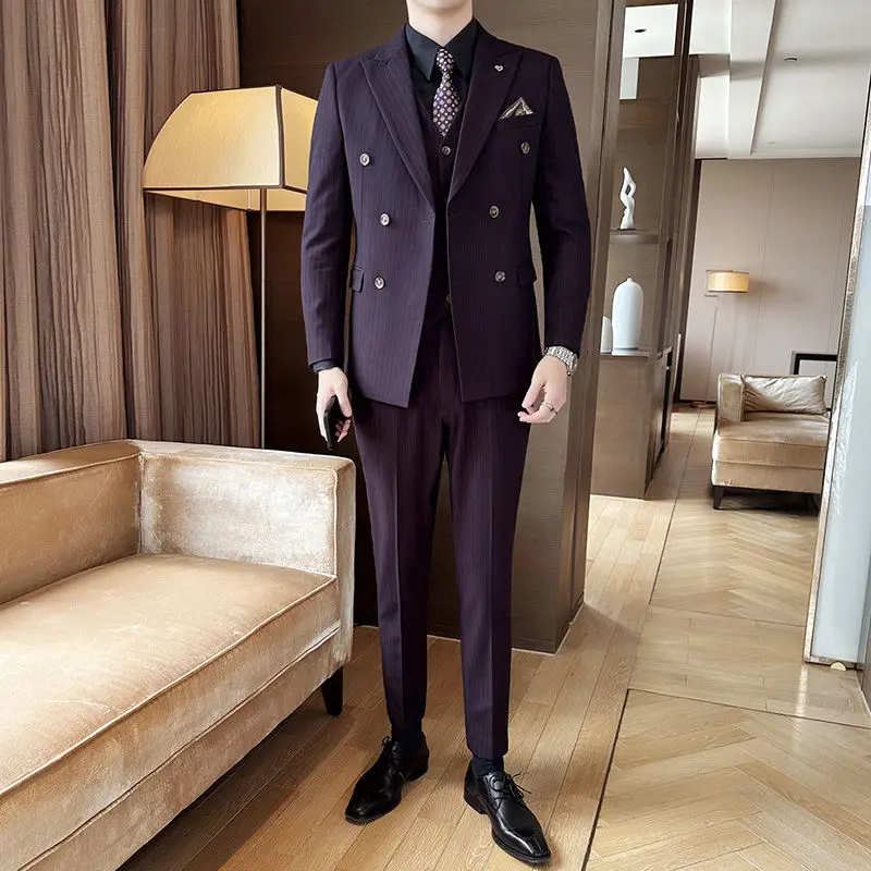 Costume trois pièces violet Temperament pour homme, double boutonnage, hôte, slim, robe de banquet, tendance, 2-G12