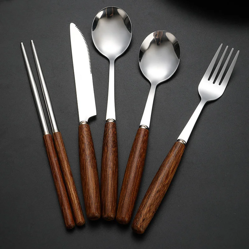 Stainless Steel Cutlery Set with Wooden Handle Sliver Korea Spoon Chopsticks Steak Knife Forks Tableware Utensils for Kitchen