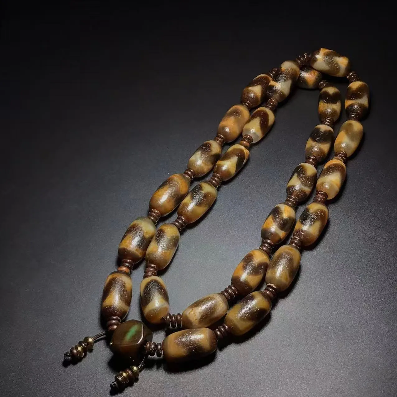 Unique Tibetan Old Agate DZi *Tiger Teeth* Amulet Beads Necklace J0408