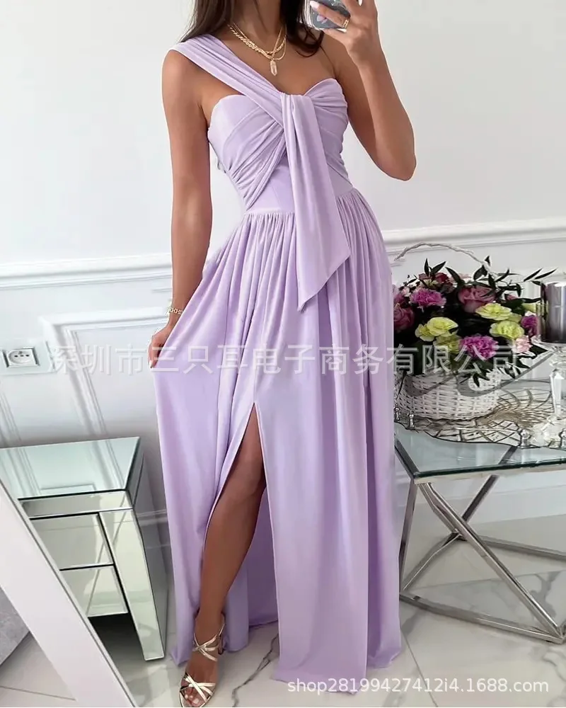 Robe maxi fendue sur le côté pour femmes, une initiée, sexy, froncée, plissée, soirée formelle, balançoire, robes longues