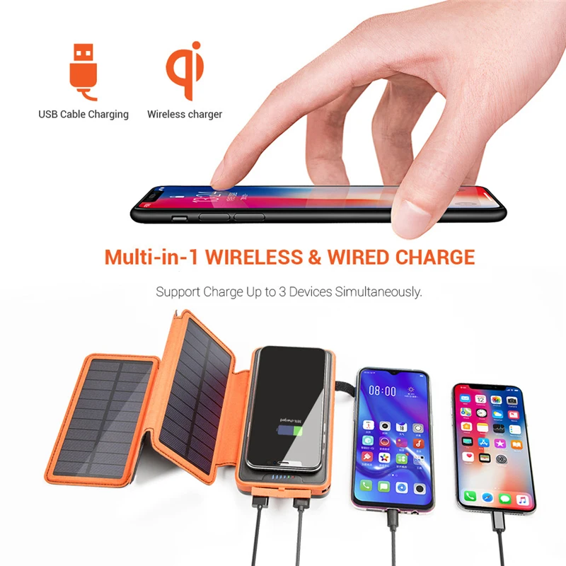 20000mAh Wireless Solar Power Bank with 3 Solar Panel Portable Charger for iPhone 15 Samsung Xiaomi Powerbank with Camping Light