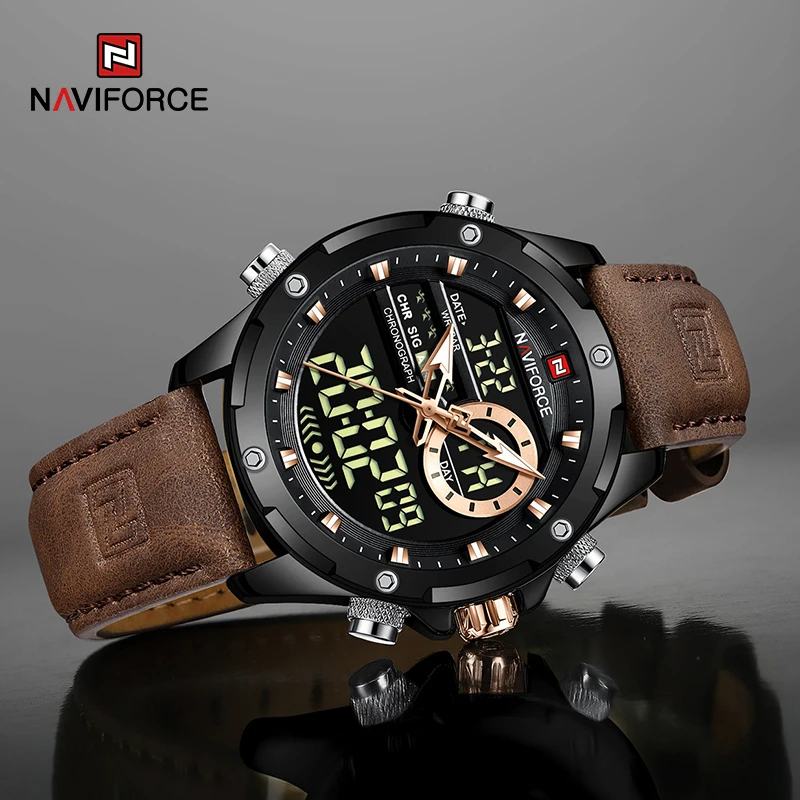 NAVIFORCE New Men Watches Business Genuine Leather Quartz Chronograph Luxury Brand Luminous Wristwatch Analog Digital Male Clock