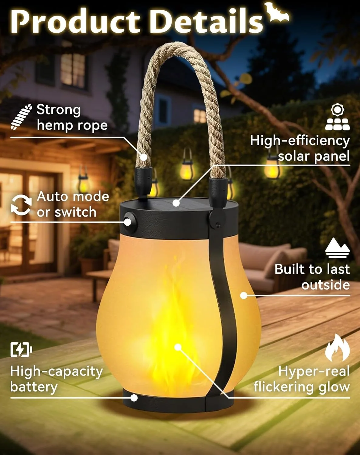 Solar Lantern Outdoor Light Waterproof, Dancing Flame Solar Christmas Lights, Hemp Rope Hanging Flame Lamp for Garden Yard Decor