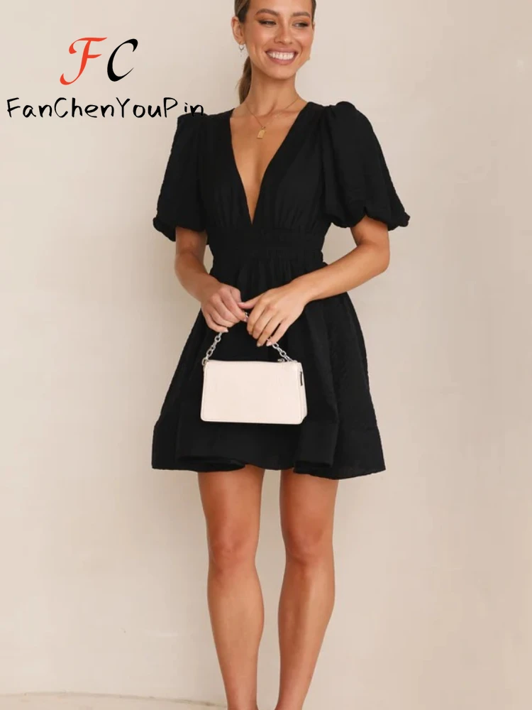 

Summer New Women's Dress Fashion Elegant Deep V Neck Slim Fit Mini Skirt Temperament Pleated Puff Sleeve Waist Dresses Female