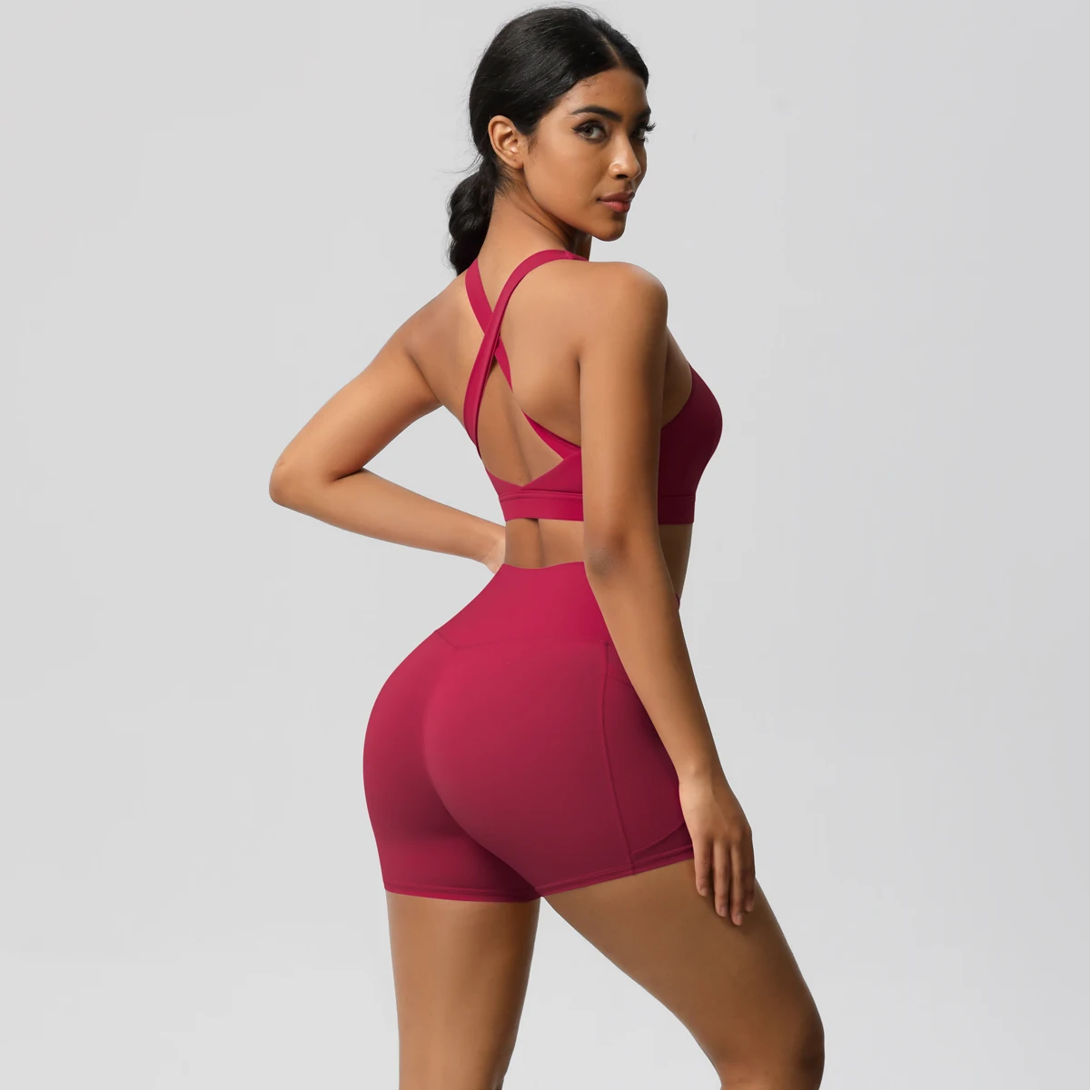 Women High Impact Sports Bra Set 2pcs Yoga Suit Fitness Bra With Cycling Shorts Cross Back Strappy Solid Color Yoga Clothes
