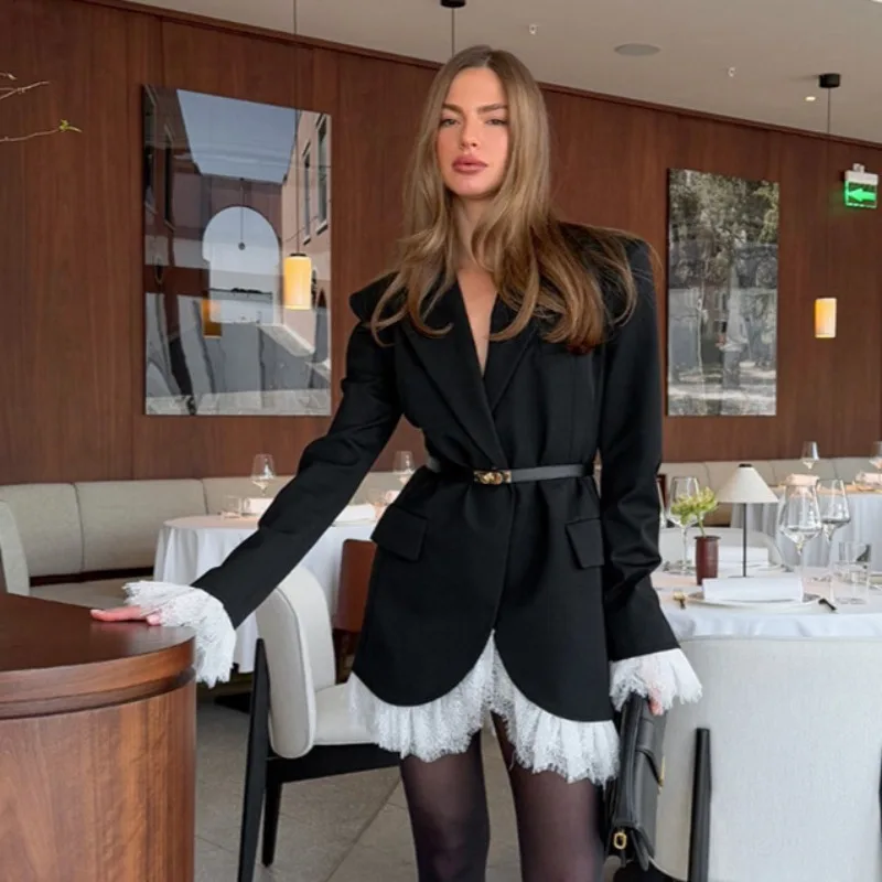 Amazon Cross-border New European  American V-neck Lace Splicing Black Temperament Elegant Small Suit Medium and Long Coat Women