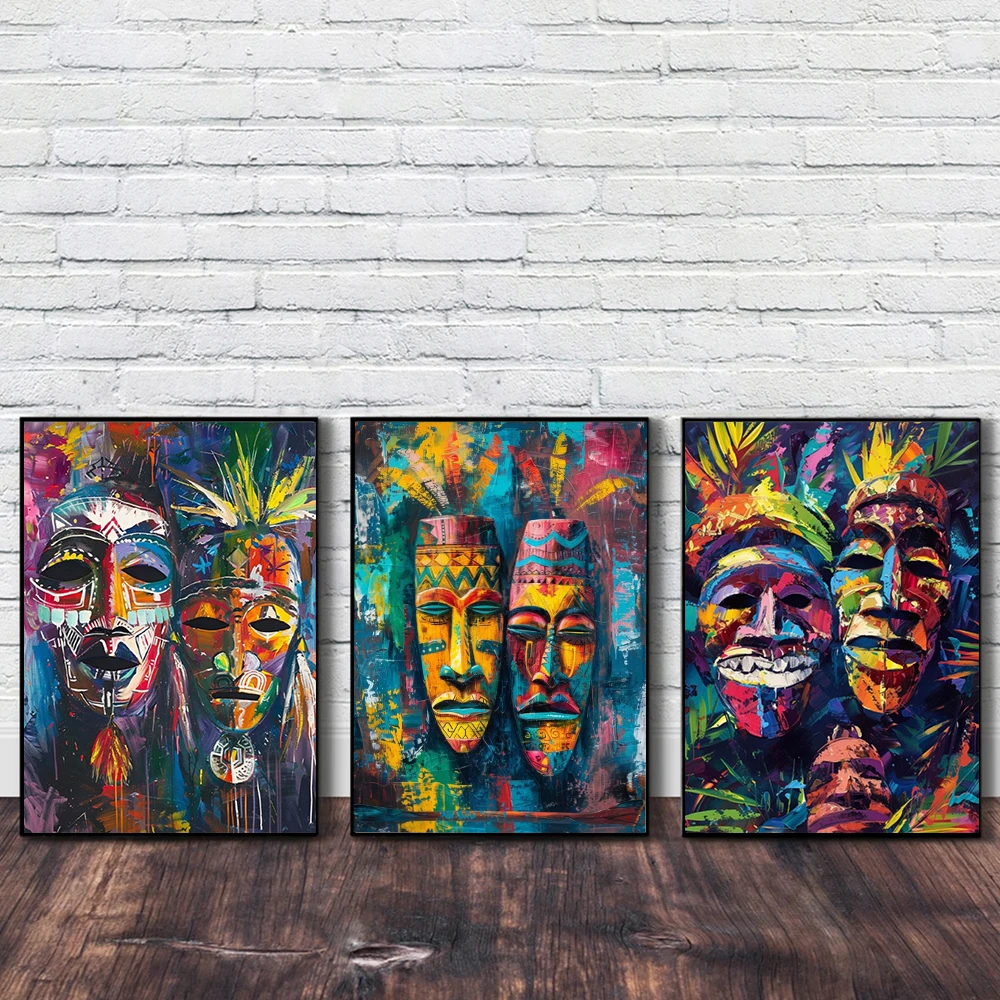 

Graffiti African Tribal Mask Canvas Painting Wall Art ancient Tribal Culture Totem Mask Poster Prints For Living Room Home Decor