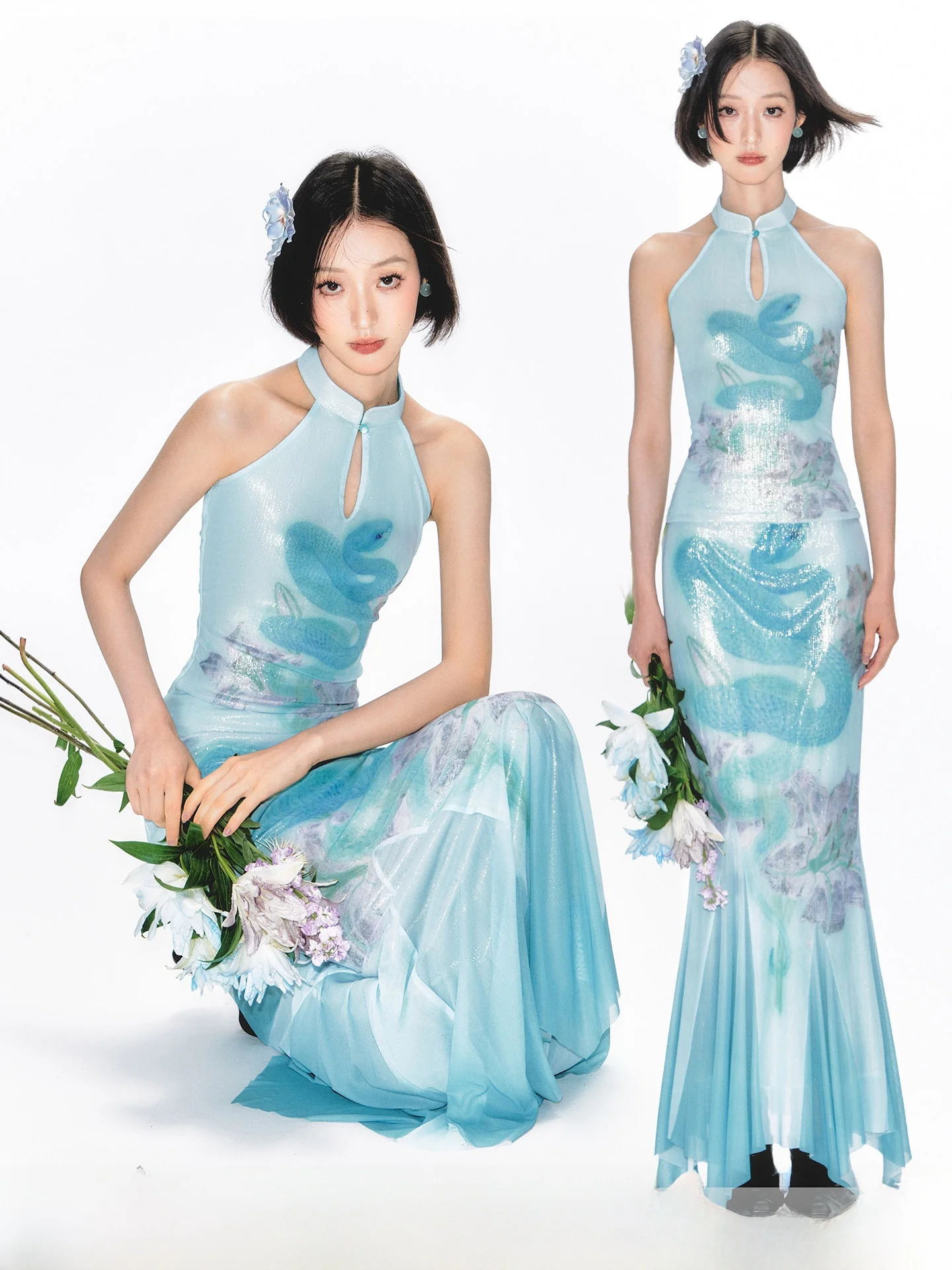 

Комплект из синей юбки и жилета с принтом змеи, коллаборация с художником, топ с маленьким воротником-стойкой и юбка, летний наряд, готовый комплект, женская мода