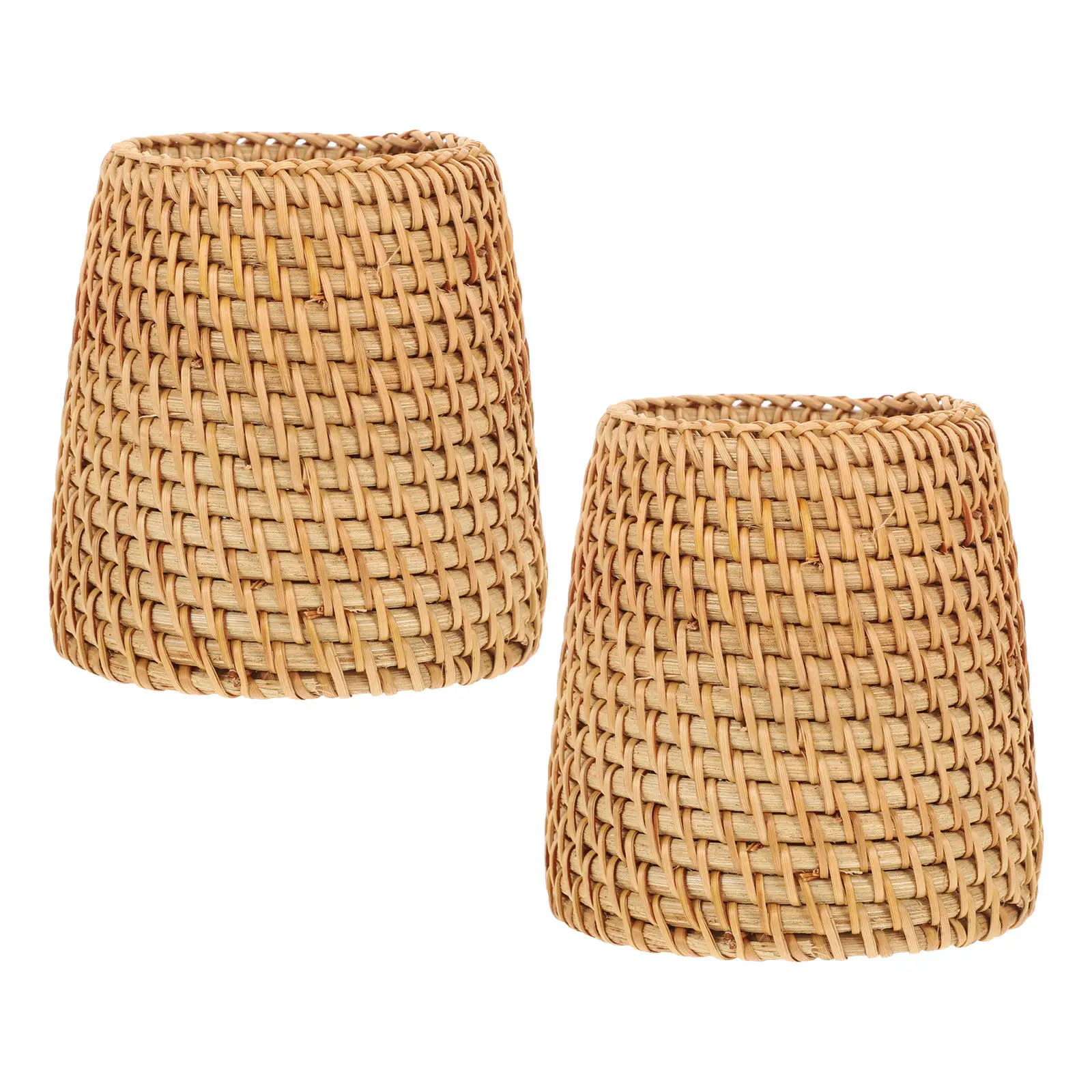 2Pcs Handwoven Rattan Pencil Holder Rustic Desk Organizer Boho Makeup Brush Cup Stationery Storage Woven Desktop Vase 4x3.5x3