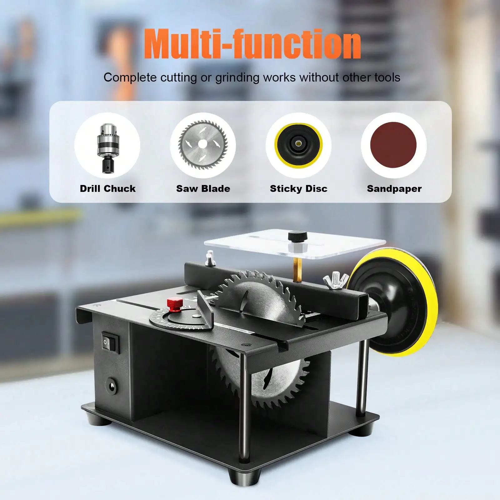 

200W 110V Compact Mini DIY Table Saw Rotating Speed 1000-3000r/Min Work Shop Portable Table Saw 19*16*10cm/7.48*6.3*3.94in