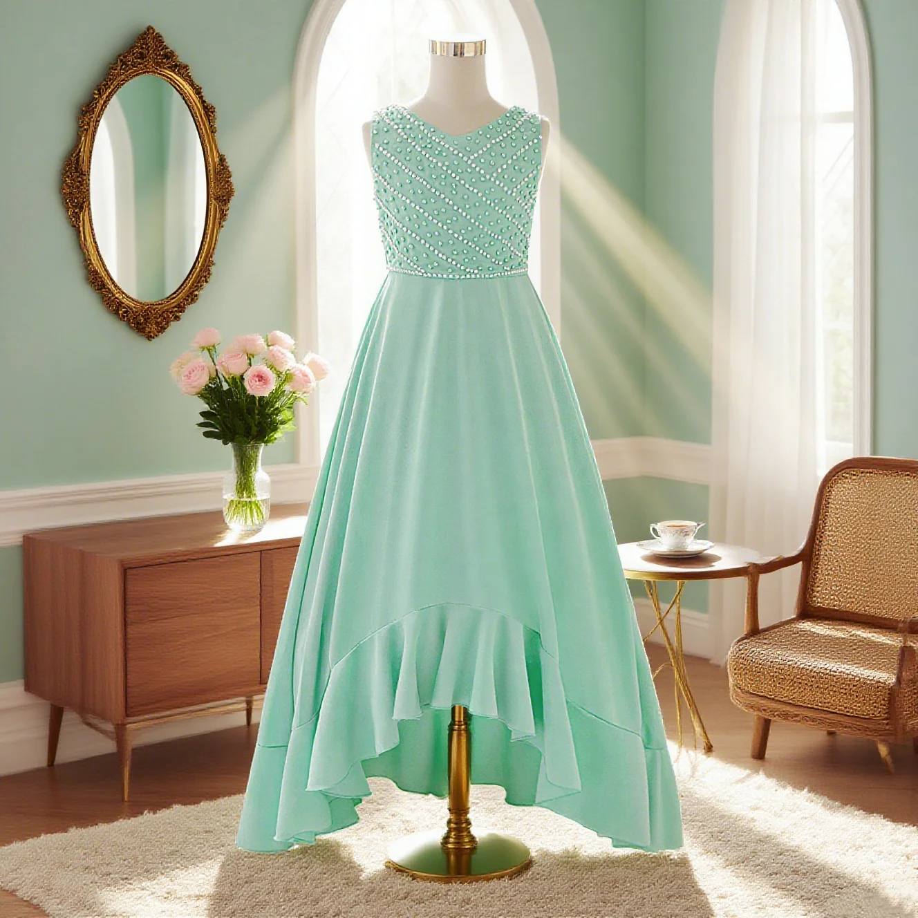 

638 Water green girls dress skirt irregular hem unique design green dress suitable for young girls birthday party