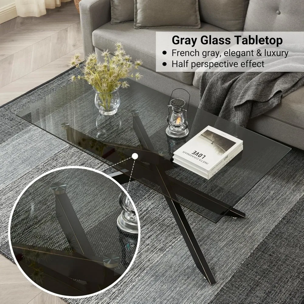 Rectangle Modern Coffee Table, Gray Tempered Glass Table Top and Metal Tubular Legs 47.3”Lx23.6”Wx18.1”H Black Easy Assembly