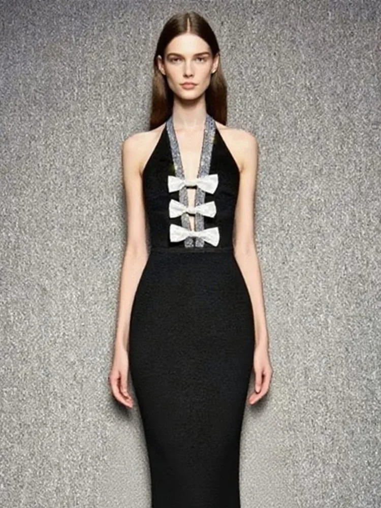 ชุดเดรสแบนเดจสีดำแบบผูกโบว์ สายคล้องคอ เปิดหลัง เซ็กซี่ สำหรับผู้หญิง ดารา ปี 2025 ชุดราตรีออกงานกลางคืน สไตล์หรูหรา