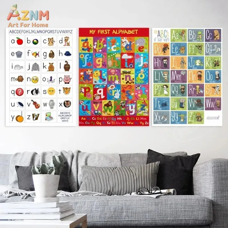 AZNM Frameless Canvas Poster Kids Alphabet Educational Print, ABC Letter Number Yoga Learning Chart Wall Art Picture for Playroo