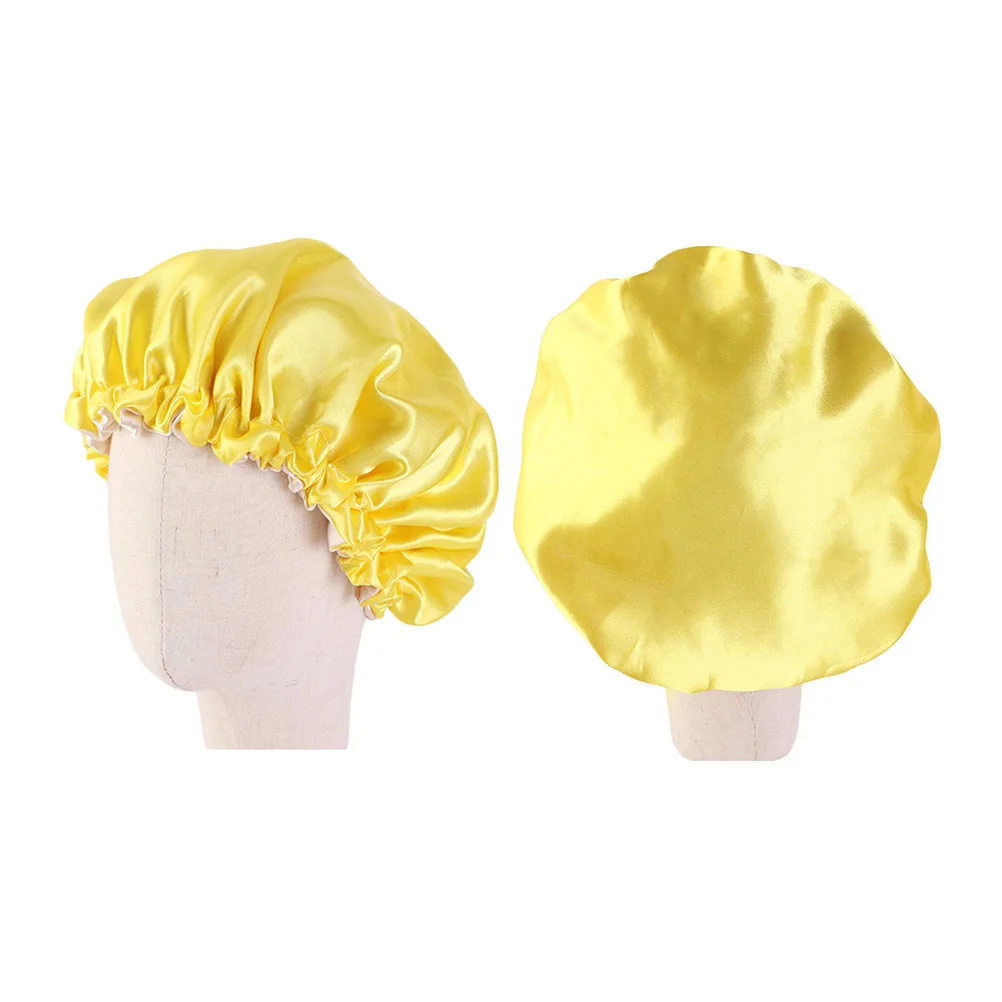 หมวกนอนเด็กสองชั้นสีเหลือง ยางยืด ปรับขนาดได้ ป้องกันผมขณะนอนหลับ ใช้ได้กับการอาบน้ำและล้างหน้า