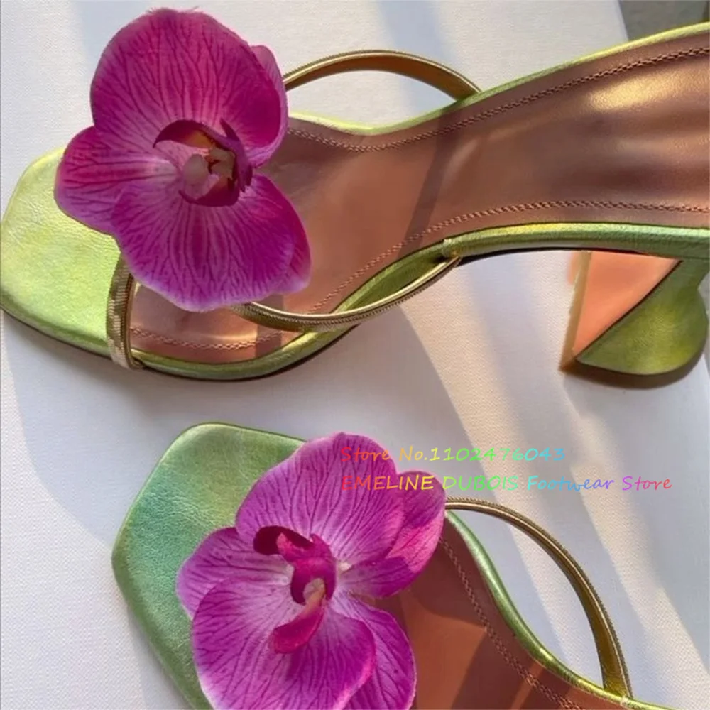 

Floral Decoration High Heel Mules Women Leather Square Toe Wine Glasses Heel Slingback Cross Strap Summer New Beach Slippers