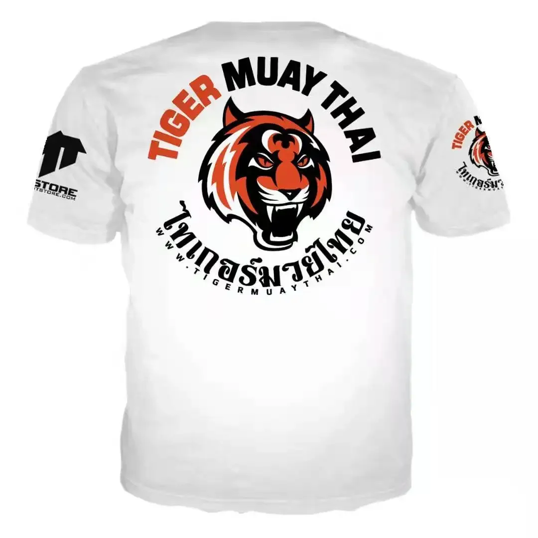 Muay thai masculino 3d impresso correndo velocidade seca uniforme de treinamento de fitness, camisa de treinamento de luta livre, boxe esportes casual solto redondo-