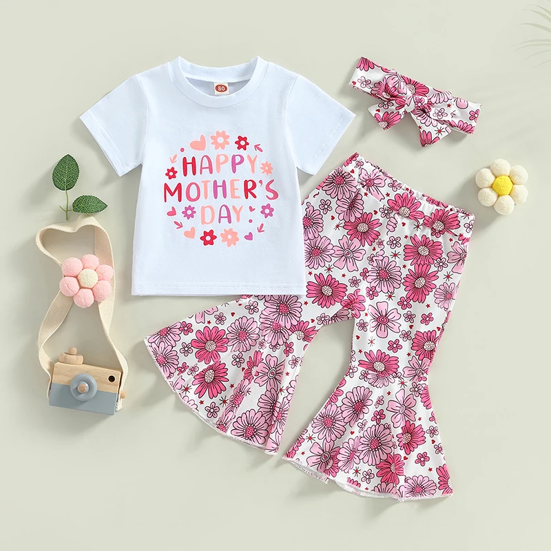 

2023-03-30 Lioraitiin Mother's Day Baby Girls Outfits Summer Letter Print Short Sleeve T-shirt Floral Flare Pants Headbands Set