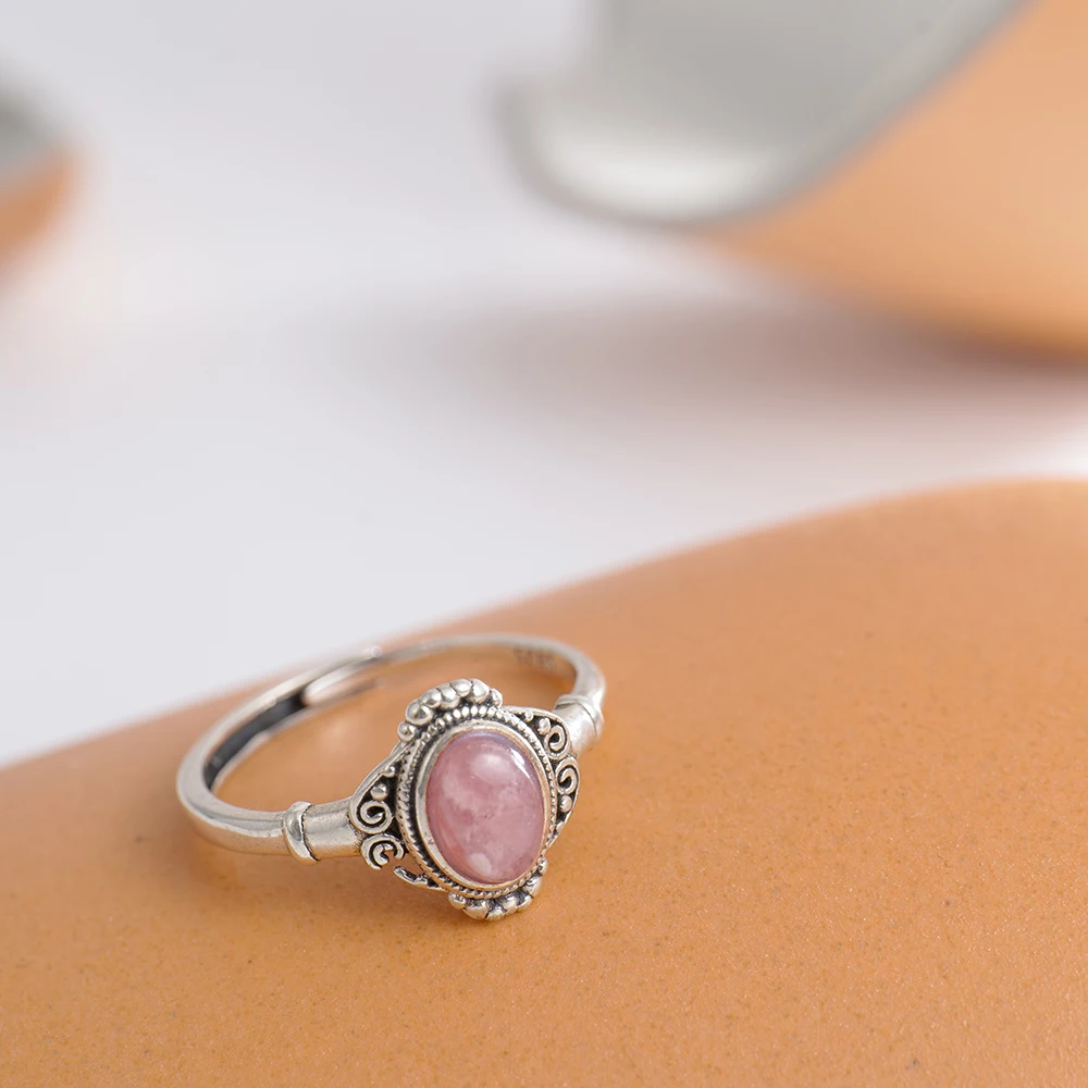 أصيلة S925 الفضة الرودوكروسيت خاتم الطبيعية الوردي الأحجار الكريمة أنيقة الأزهار تصميم البوهيمي المجوهرات هدية