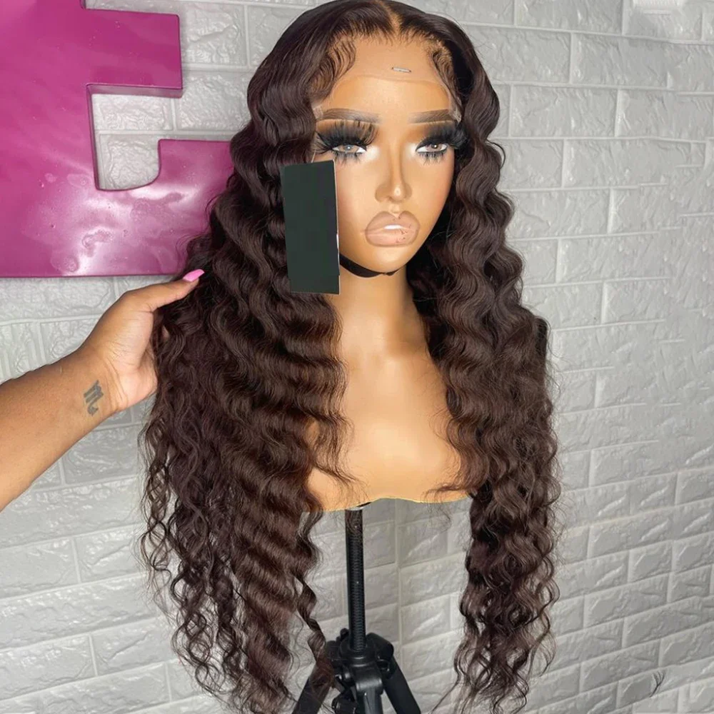 Loose Deep Wave Chocolate Brown Lace Front Wigs Pre Plucked Synthetic Glueless Dark Brown Lace Frontal Crimp Curly Wig for Women