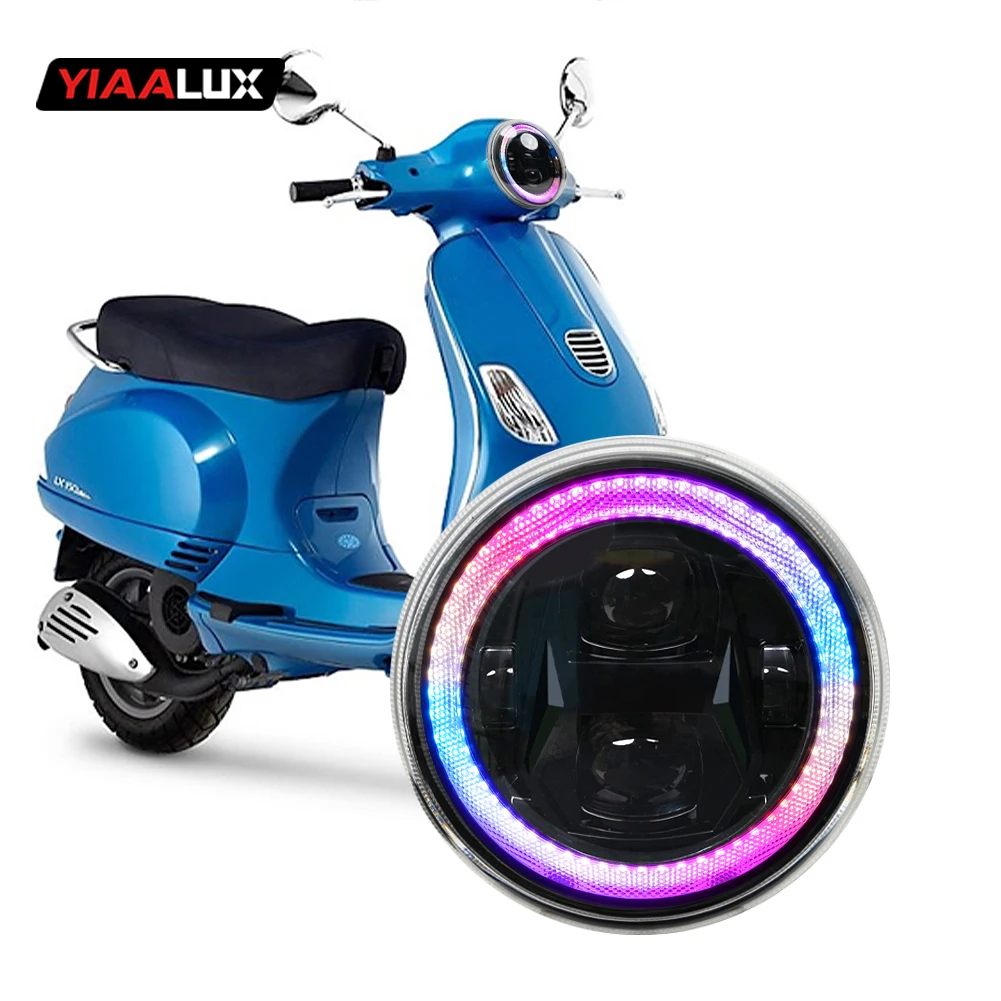 YIAALUX LED Motorcycle Headlight Hi/Lo projector Bluetooth RGB dynamic halo ring white yellow For Vespa LX150 LX125 S125 LXV125