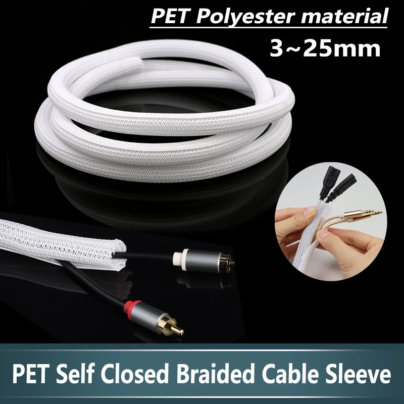 

White PET Braided Expandable Cable Sleeve 3mm ~ 25mm Flexible Self Closed Insulated Wrap Pipe Tube Line Protector Wire Organizer