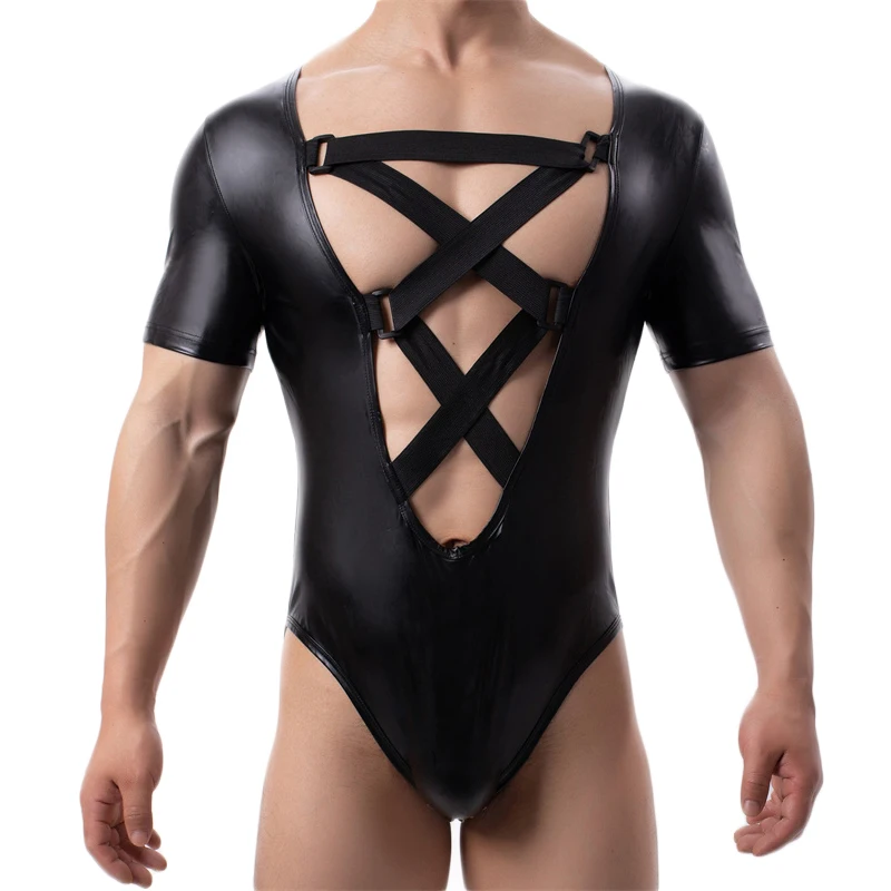 Men's Undershirts Imitation Leather Body Shaping Short-sleeved Side Net Cross Jumpsuit Slim One-piece Triangle Waist Undershirt