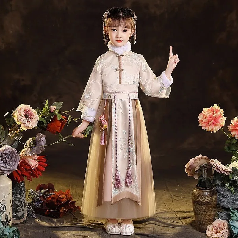 2024 New Embroider Hanfu Cloak Kids Vintage Chinese Perform Fairy Dress Gown Girls Prom Formal Birthday Christmas Gift Cosplay