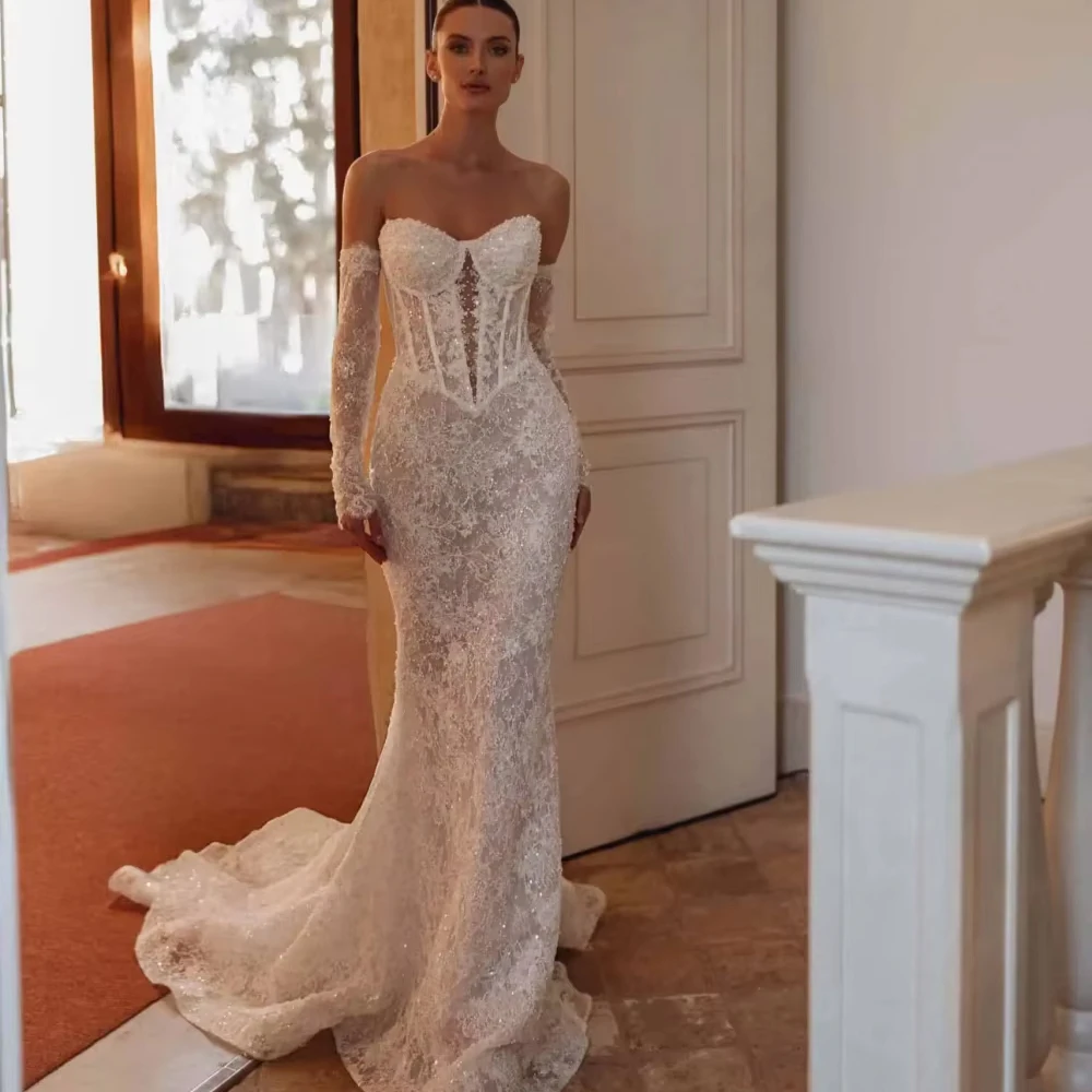 تخصيص العاج انفصال كم مطرز الدانتيل فستان الزفاف للمرأة العروس رومانسية الحبيب الرقبة الوهم ثوب الزفاف