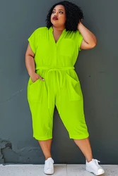 Plus Size Green V Neck Short Sleeve Wrap Pocket Jumpsuit