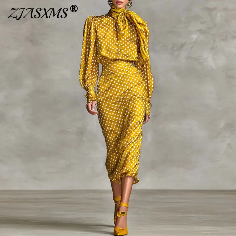 

Сексуальный шарф с бантом и принтом в горошек, женская блузка на пуговицах с круглым вырезом, рубашка + плиссированная юбка, осенний тонкий облегающий костюм с длинными рукавами