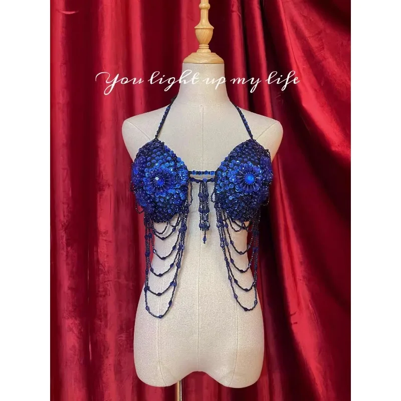 Top árabe personalizado para danza del vientre, ropa interior con sujetador para mujer, borla colorida, diamante brillante, patrón Sexy, vestido de actuación con corsé