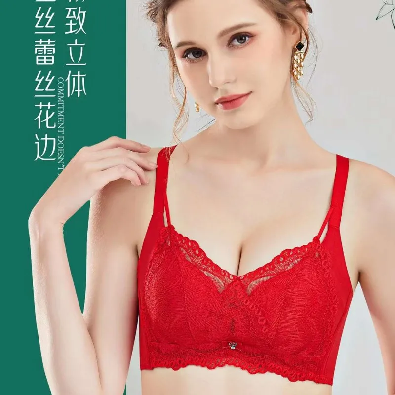 Size 32/34/36/38A Thickened Sexy Lace Bra Without Steel Ring, Small Bra with Gathered Bra To Prevent Slipping