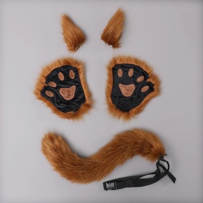 

Faux Fur Halloween Cosplay Party Cat Ear Tail Paw Gloves Set，Fox Wolf Animal Performance Costume Props