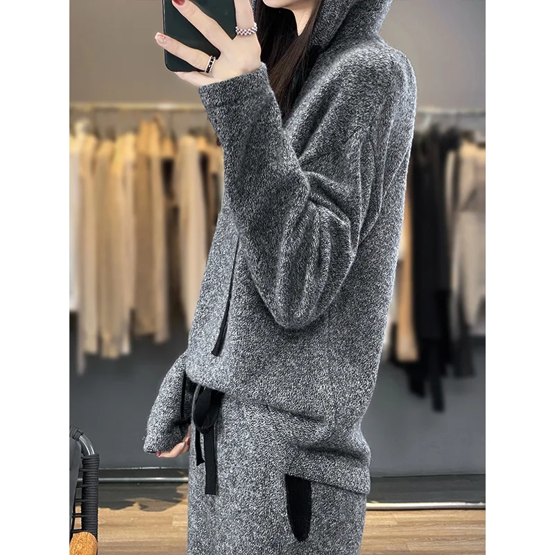 Women\'s 100 Australian Wool Hooded Set 23 New Pullover Sweater Solid Color Knitted Loose Pants Wide Leg Pants Two Piece Wool Set