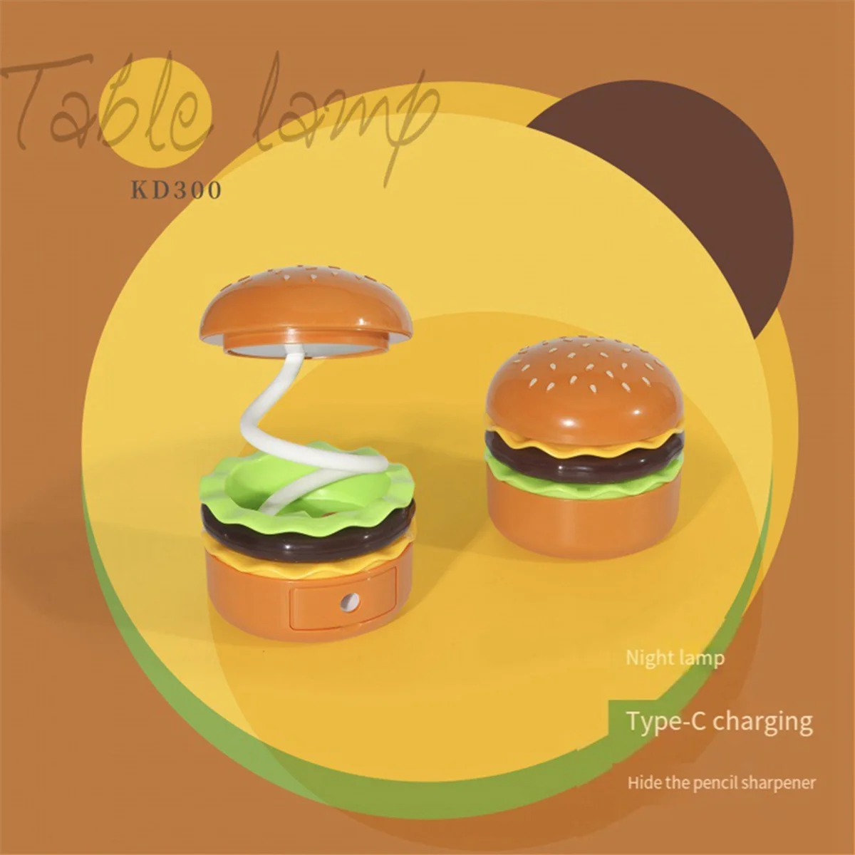 A26P 어린이를위한 귀여운 책상 램프, 연필 깎이가있는 조절 가능한 목 터치 스위치가있는 충전식 햄버거 소형 책상 램프