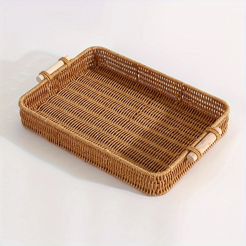PP Woven Storage Basket with Wooden Handle Modern Rectangular Shallow Bin for Living Room Bedroom Kitchen Hotel Service