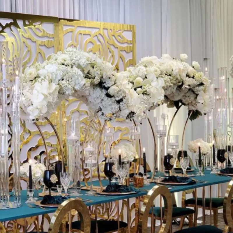 

Fashion Luxury Grand-Event Big Flower Arch Props Rack Shiny Gold Metal Stand Wedding Table Centerpiece Birthday Stage Backdrops