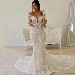 Sexy Long Sleeves Mermaid Wedding Dresses abito da sposa Sheer Neck Chapel Train Backless Lace Civil Bridal Gown