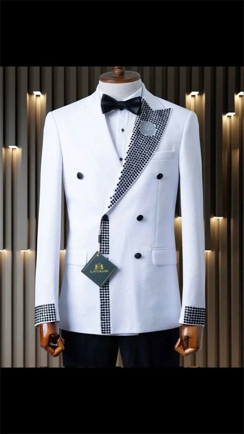 

White Crystals Men Suits 2 Piece Blazer+Black Pant Business Prom Wedding Tuxedo Coat Customized Formal Office Jacket Trousers