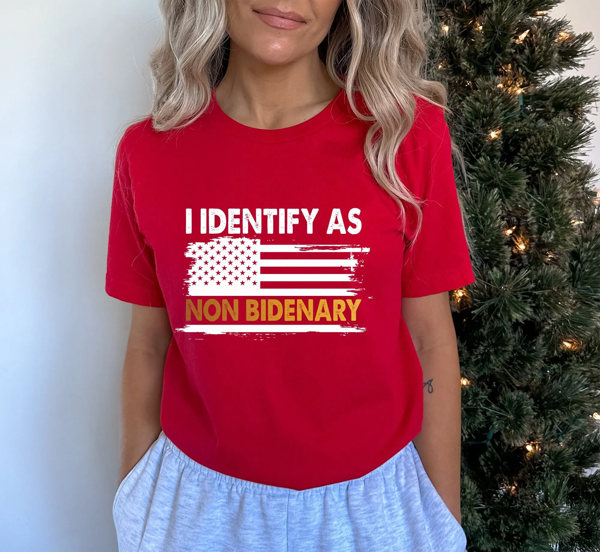 I Identify As Non Bidenary T Shirt Impeach Biden Funny Republican Anti Democrat American Flag