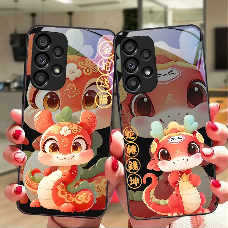 ใหม่การ์ตูนงูสําหรับ Samsung Galaxy S10 20 PLUS 21 FE 22 23 24 FE 25 Ultra กระจกนิรภัยสีดําเคสโทรศัพท์ Hard SHELL
