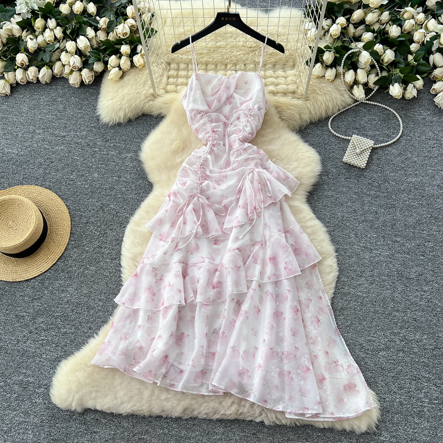 シックなヴィンテージプリントシャーリングフリルスリムエレガントな妖精韓国ファッション自由奔放に生きるサンドレス女性服ロングドレス