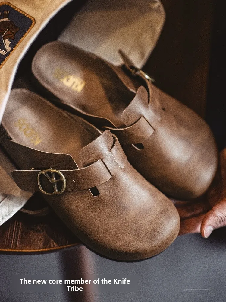 

Maden Retro Wooden-soled Maden Leather Slippers Men's f Slippers Comfortable Casual Vintage Slippers for Youth