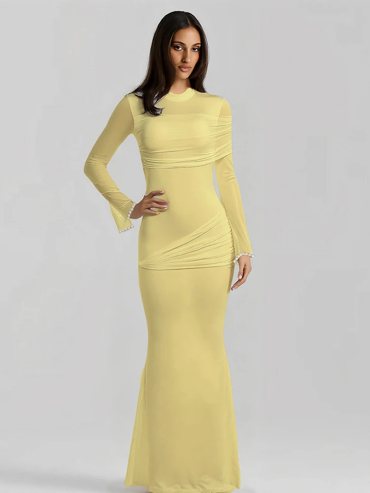 WEIRD PUSS Ele أصفر مطوي طويل Sve سليم صالح عالية الياقة الدكتور المرأة Faionable الشيفون الصيف الدكتور