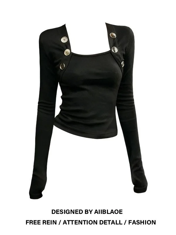 

plus Size Vintage Button Front Square Ne Fce Lined Brued Slimming Inner Wear T-irt Women's Autumn Winter Faion Top